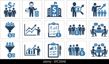Corporate human resources and financial analytics pictograms featuring personnel recruitment data and meeting groups. Stock Vector