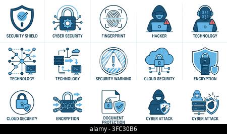 Cyber security and technology icons collection with blue gradient style illustrating attacks warning and encryption. Stock Vector
