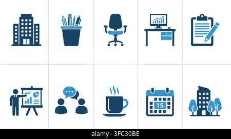 Corporate business office workplace icons set in blue flat style for professional commercial company presentation. Stock Vector