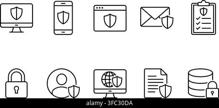 Cyber security linear icon set with outline style for protecting digital documents mobile devices and web platforms. Stock Vector