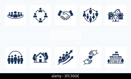 Community neighborhood support network and real estate business growth dark blue flat icon set for web graphics. Stock Vector