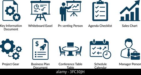 Corporate meeting and project management icon set in dark blue for professional business presentations and planning. Stock Vector