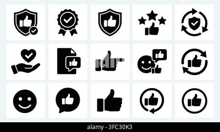 Customer satisfaction guarantee black flat icon set on transparent background for business marketing and reviews. Stock Vector