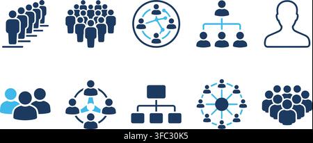 Corporate business hierarchy human resources team structure and network connection dark blue minimalist icon set. Stock Vector