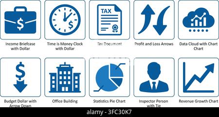 Corporate business and office finance framed icons in blue line style created for revenue analytics and accounting. Stock Vector
