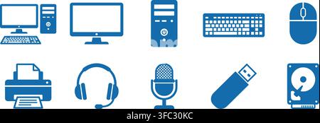Computer system hardware accessories blue icons featuring monitor tower keyboard mouse printer and headset set. Stock Vector