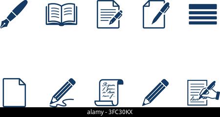 Dark blue document writing and editing icons set with notebooks sheets pencils fountain pens and signing hand symbol. Stock Vector