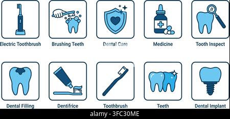 Dental care icons set featuring blue tooth treatment equipment for oral hygiene and professional clinic service use. Stock Vector