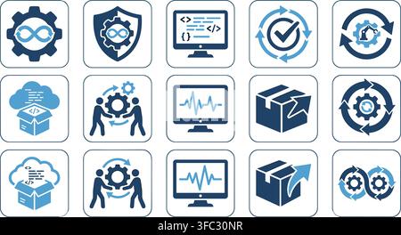 Devops workflow icons set featuring blue automation and software development lifecycle elements for tech business. Stock Vector