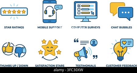 Customer feedback icons collection blue and yellow vector set for survey digital marketing ratings and client reviews. Stock Vector