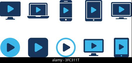 Digital media play button vector icons for various devices and interfaces on transparent background. Stock Vector