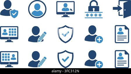Detailed set of user accounts and profiles blue icons for web interface highlighting secure login and management. Stock Vector