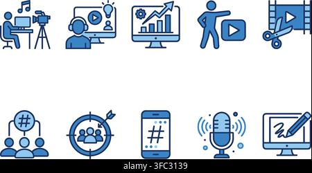 Digital marketing and social media content icons featuring video production analytics influencer engagement symbols. Stock Vector