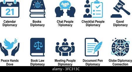 Diplomacy icons showing calendar, books, chat, checklist, gavel, dove, scales, meeting, document, and globe. Stock Vector