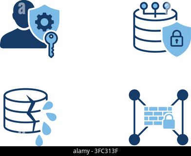 Cyber security threats icons blue vector set for data protection privacy breach and secure network firewall systems. Stock Vector