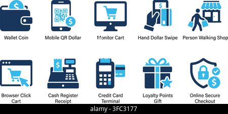 Digital payment and retail transaction icon pack displaying blue graphics for cashier counter and secure checkout. Stock Vector