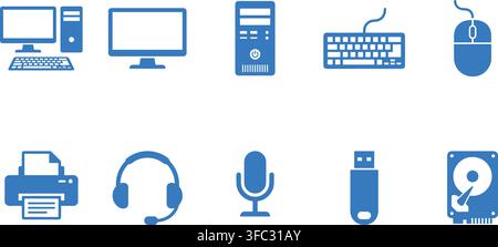 Desktop computer peripherals blue line icons set including display system unit keyboard mouse printer and mic. Stock Vector