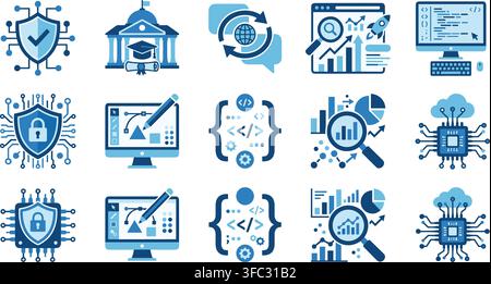 Digital technology icons set with blue gradient design for network security data analysis and web development concepts. Stock Vector