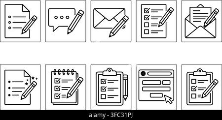 Edit document line icons set black thin stroke outline symbols on transparent background for business workflows. Stock Vector