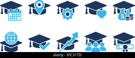 Educational blue icons with graduate cap symbolizing academic achievement for learning and success in university. Stock Vector