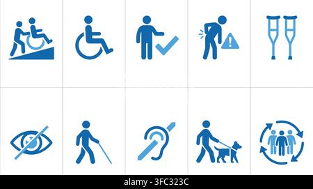 Disability awareness icons set blue flat symbols for accessibility inclusivity medical support healthcare services. Stock Vector