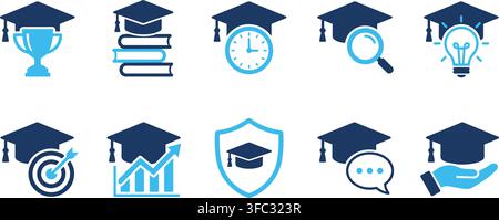 Education graduation caps and academic symbols blue and light blue, representing achievement and knowledge. Stock Vector