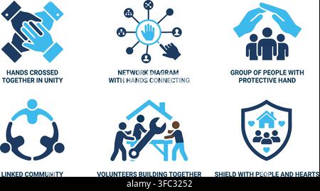 Diverse social community concept icons with blue hands unity people network protective shield volunteers building help. Stock Vector