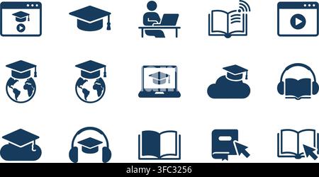 Elearning icons set showing graduation caps digital courses virtual classrooms and research tools for online study. Stock Vector