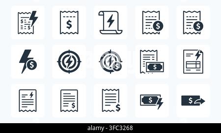 Electricity bill and financial payment icon set in gray square tiles showing utility expenses and power costs. Stock Vector