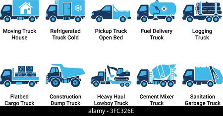 Diverse set of commercial truck icons including moving, refrigerated, pickup, fuel, logging, flatbed, dump, heavy haul, cement mixer, and garbage trucks in blue color. Stock Vector