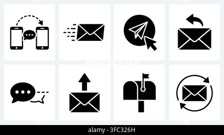 Email messaging and mobile communication icon set in black silhouettes for newsletter transfer and fast social chat. Stock Vector