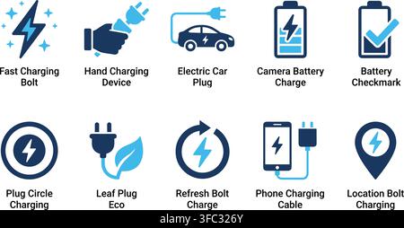 Electric vehicle charging icons featuring fast charging, hand device, car plug, and battery status indicators. Stock Vector
