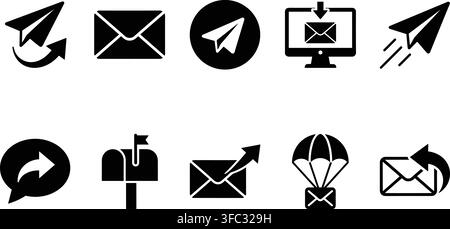 Email and mail icons in black, representing messaging, sending, receiving, and postal services. Stock Vector