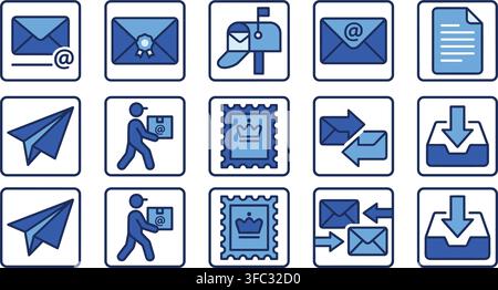 Email and mail icons with blue accents, depicting delivery, postal services, and digital communication. Stock Vector