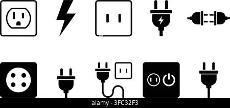 Electrical power connection icons showing outlets, plugs, and adapters for home and industrial electricity usage. Stock Vector