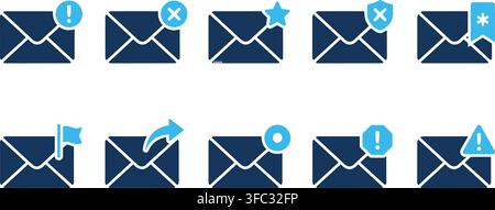 Email message alert icons in blue, indicating notifications, warnings, and communication status. Stock Vector