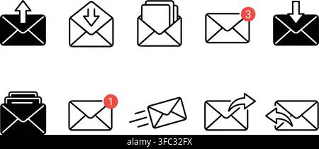 Email and envelope notification vector line icons set in black and white colors for messaging and mailing projects. Stock Vector