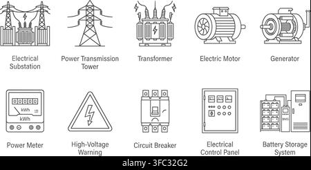 Electrical substation and power transmission line icons, illustrating energy generation, distribution and industrial use. Stock Vector