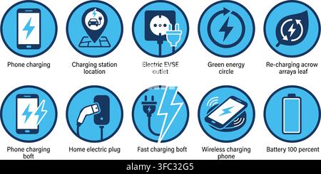 Electric car charging icons with phone and battery symbols for EV technology. Stock Vector