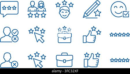 Feedback and rating outline icons in blue color representing customer satisfaction evaluation for user experience. Stock Vector