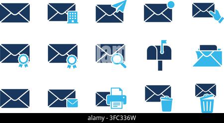 Email and message icons in blue and dark blue for communication, notification, and social media apps. Stock Vector