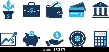 Flat business and financial icon set featuring blue color palette for banking money management and investment growth. Stock Vector