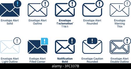 Envelope alert icons including solid, outline, thick, rounded, and thin variations for notification messages. Stock Vector