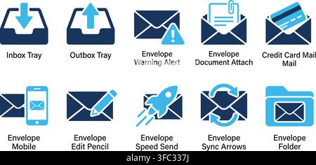 Envelope mail icons set in blue and dark navy for professional digital communication and office email management. Stock Vector