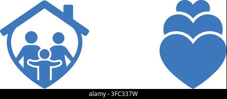 Family protection insurance icon with blue home shape and figures symbolizing security and unity for social services. Stock Vector
