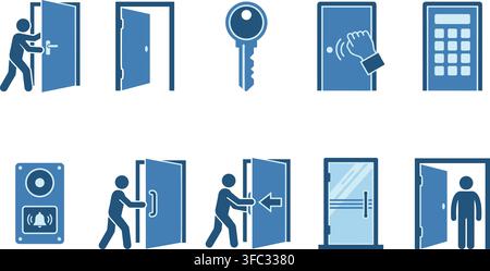 Entrance blue icons depicting various door types and access controls for home and office security. Stock Vector