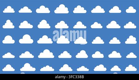 Fluffy cartoon clouds with transparent grid textures on blue background representing different weather types. Stock Vector