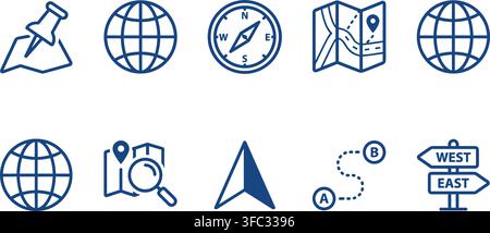 Global navigation icons featuring world map markers and compass symbols for international logistics connection. Stock Vector