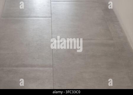 A close-up view of a contemporary floor covered in large, rectangular gray tiles with a matte finish and minimal grout Stock Photo