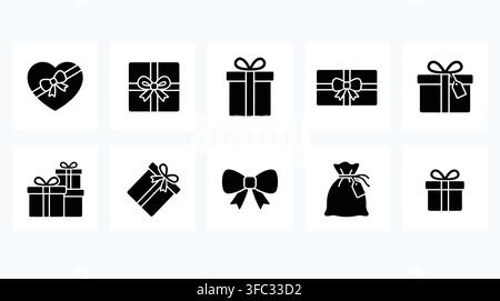 Gift boxes black silhouette set with bows and ribbons, holiday presents for celebrations and special occasions. Stock Vector